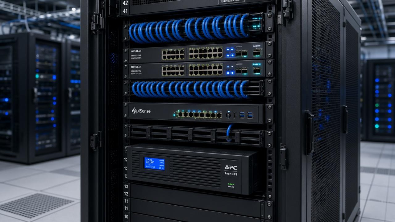 Enterprise IT server rack with blue network patch cabling, managed switches, and UPS