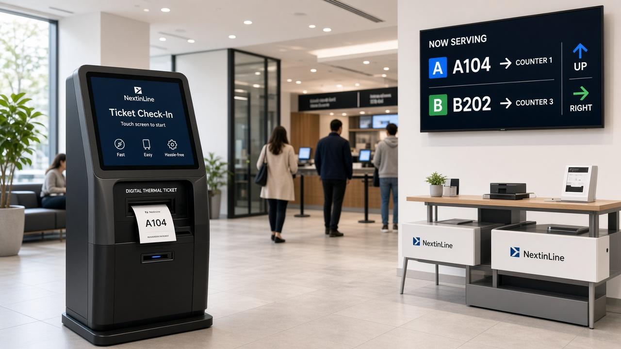 NextinLine freestanding ticket check-in kiosk with overhead digital status display board