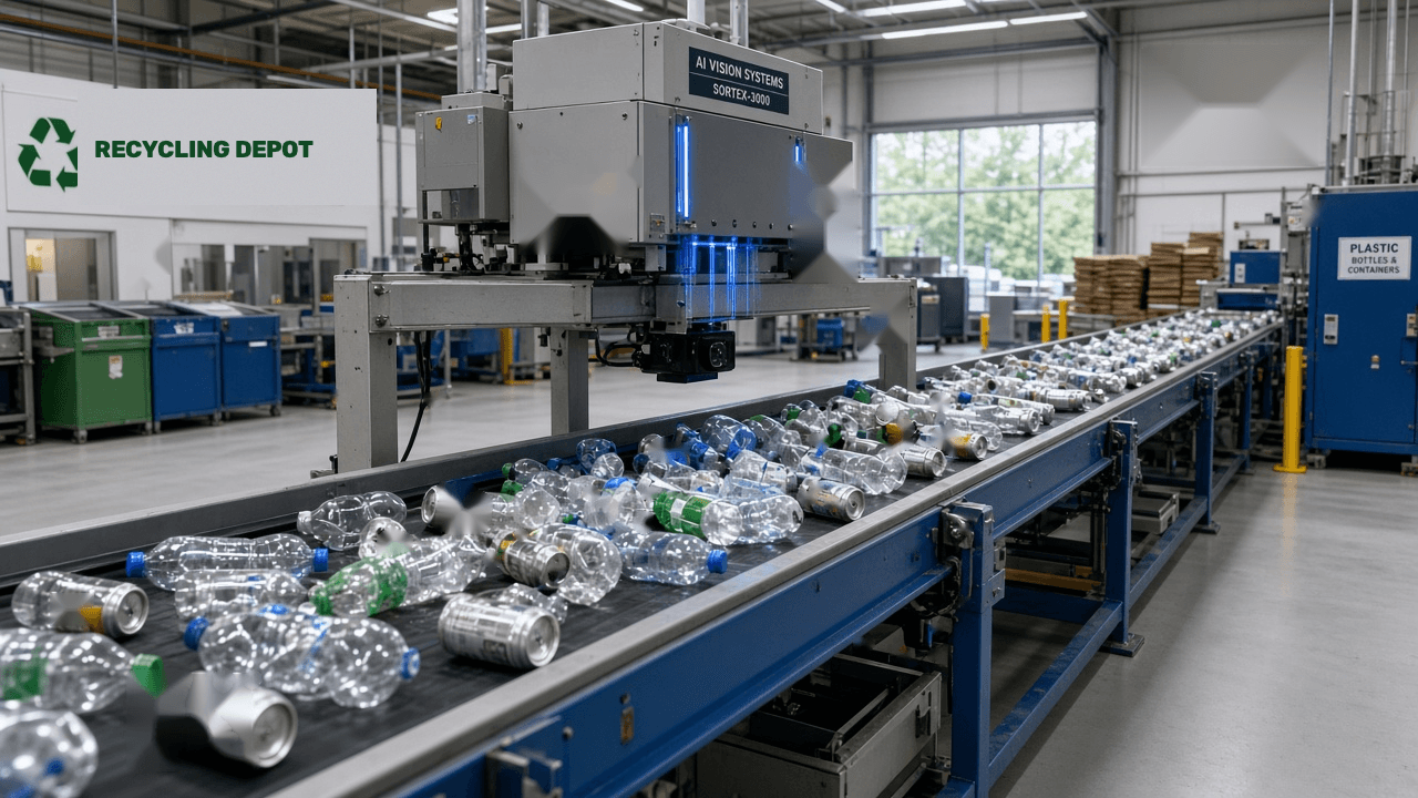 VisionCount AI container recognition system scanning bottles and cans on an automated sorting conveyor